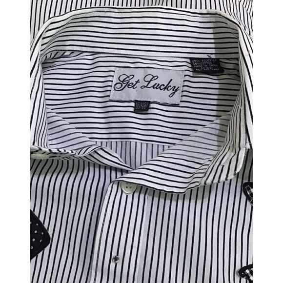 Get Lucky Blouse Embroidered Fashion Hat Deco Striped Button Down Size 14.5 - Picture 3 of 5